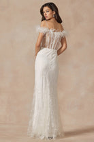 Glitter Leaf Sequin Feathered Sleeves Slit Long Wedding Dress JT2402W-Wedding Dress-smcfashion.com
