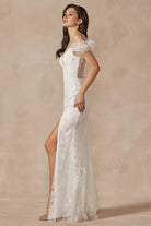 Glitter Leaf Sequin Feathered Sleeves Slit Long Wedding Dress JT2402W-Wedding Dress-smcfashion.com