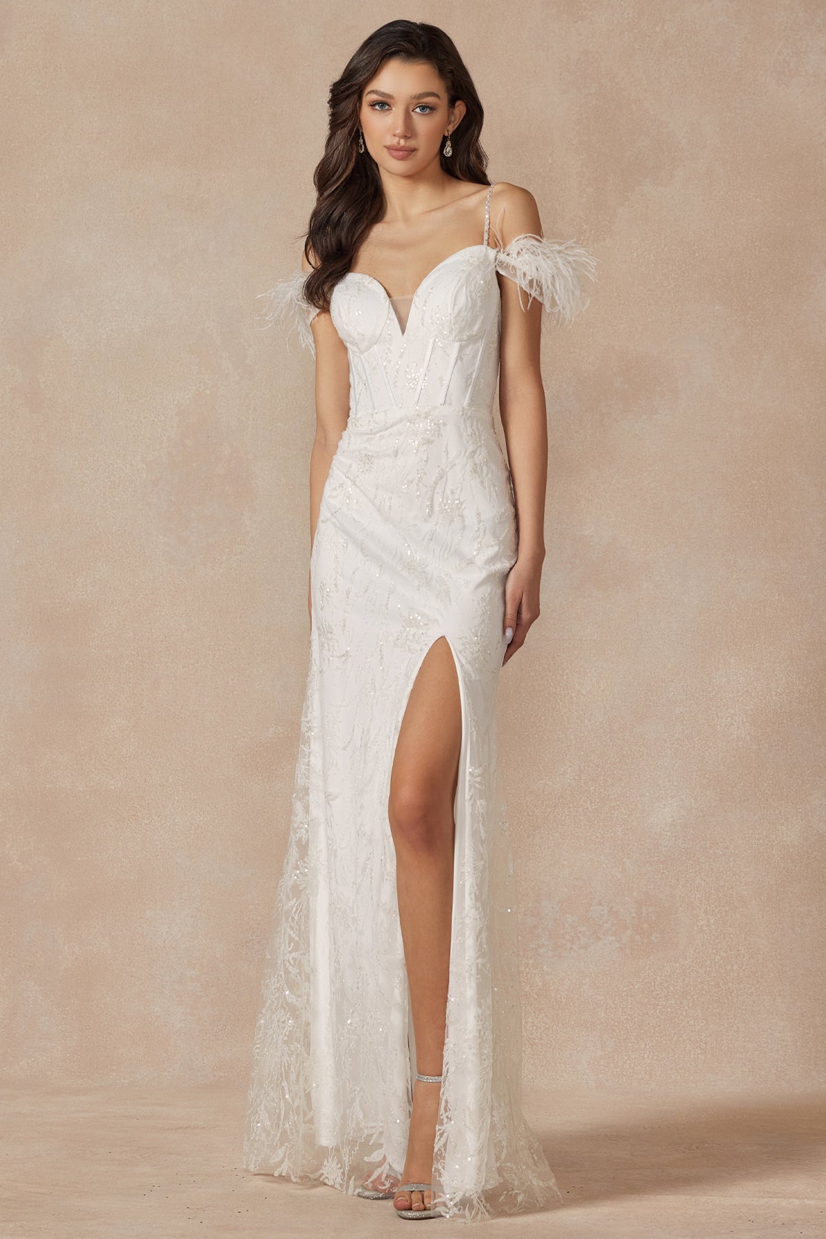 Glitter Leaf Sequin Feathered Sleeves Slit Long Prom Dress JT2402-Prom Dress-smcfashion.com