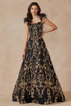 Feathered Cap Sleeve Patterned Sequin A-Line Long Prom Dress JT297-Prom Dress-smcfashion.com