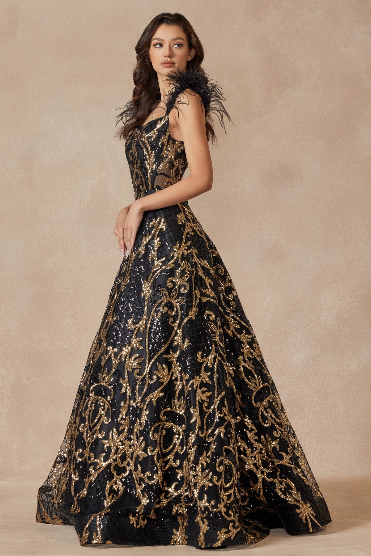 Feathered Cap Sleeve Patterned Sequin A-Line Long Prom Dress JT297-Prom Dress-smcfashion.com