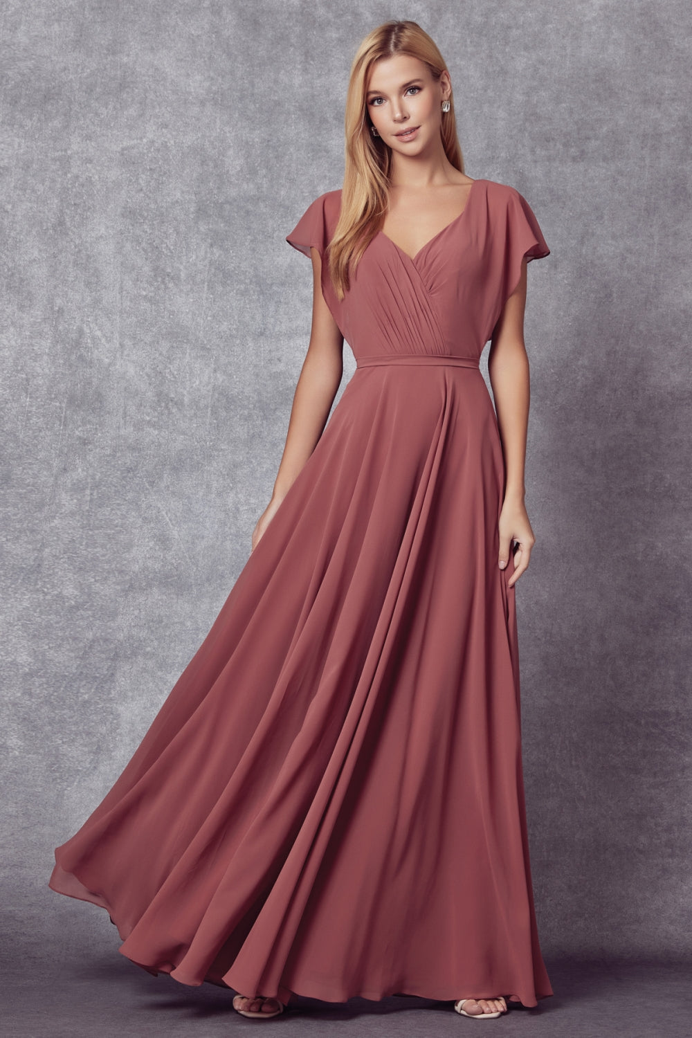 Flutter Sleeve Cascade Back Chiffon Long Bridesmaid Dress JT261-Bridesmaid Dress-smcfashion.com