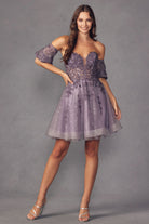 Leaf Embroidered Detachable Sleeves Open Back Short Cocktail Dress JT909-Cocktail Dress-smcfashion.com