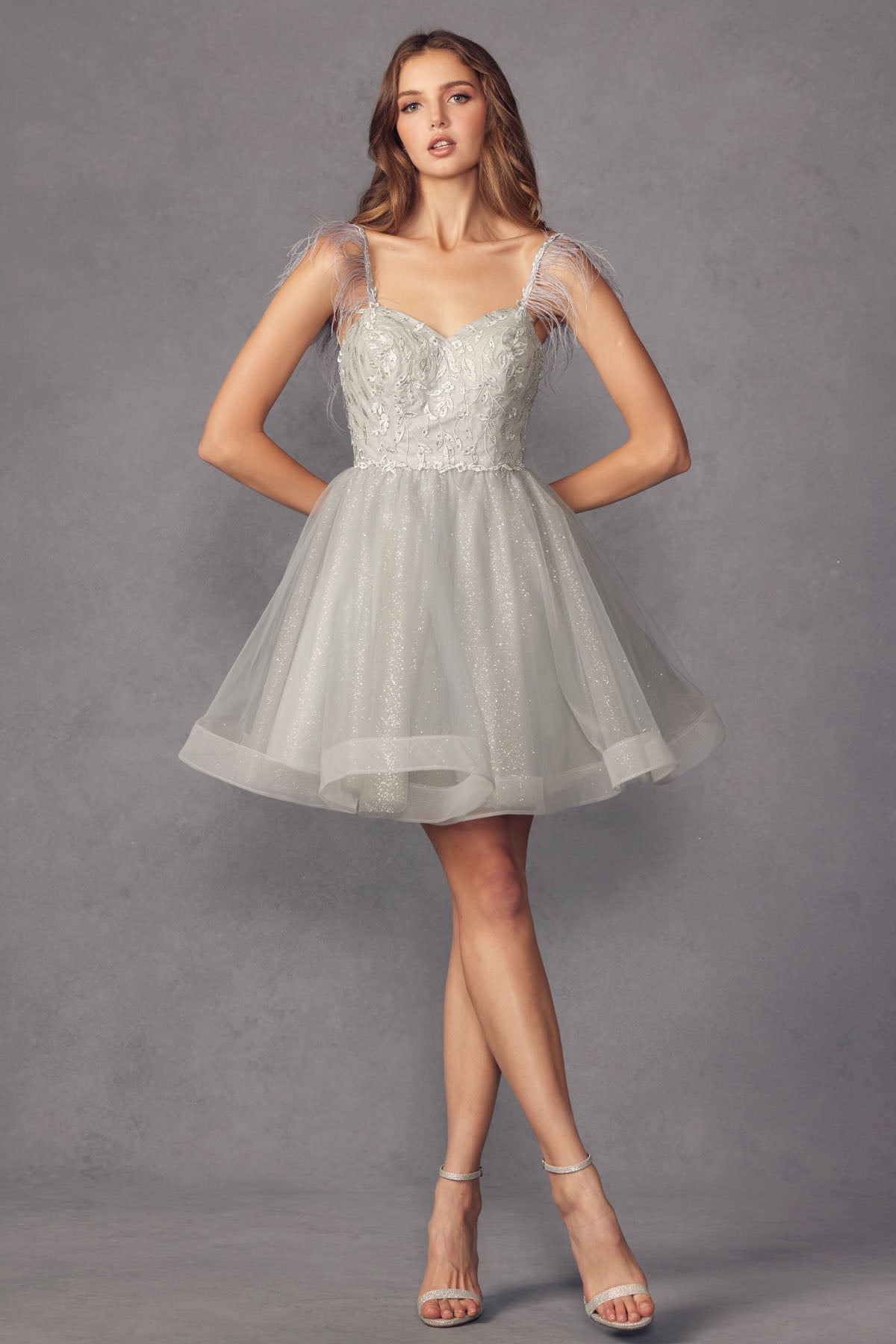 Feather Straps Sheer Bodice Short Cocktail & Homecoming Dress JT881-Cocktail Dress-smcfashion.com