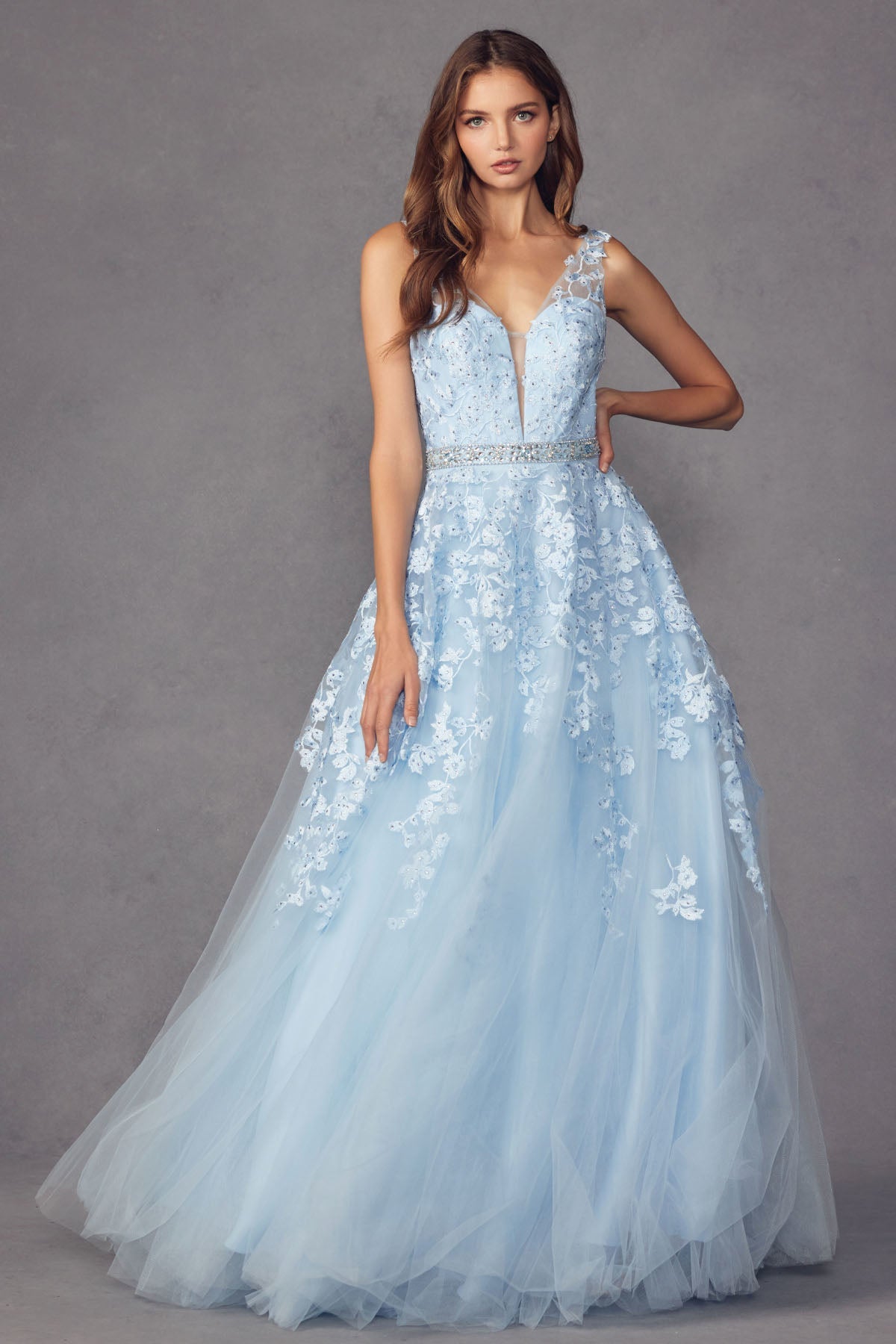 Embroidered Lace Embellished Jewel Waist Long Prom Dress JT224-Prom Dress-smcfashion.com