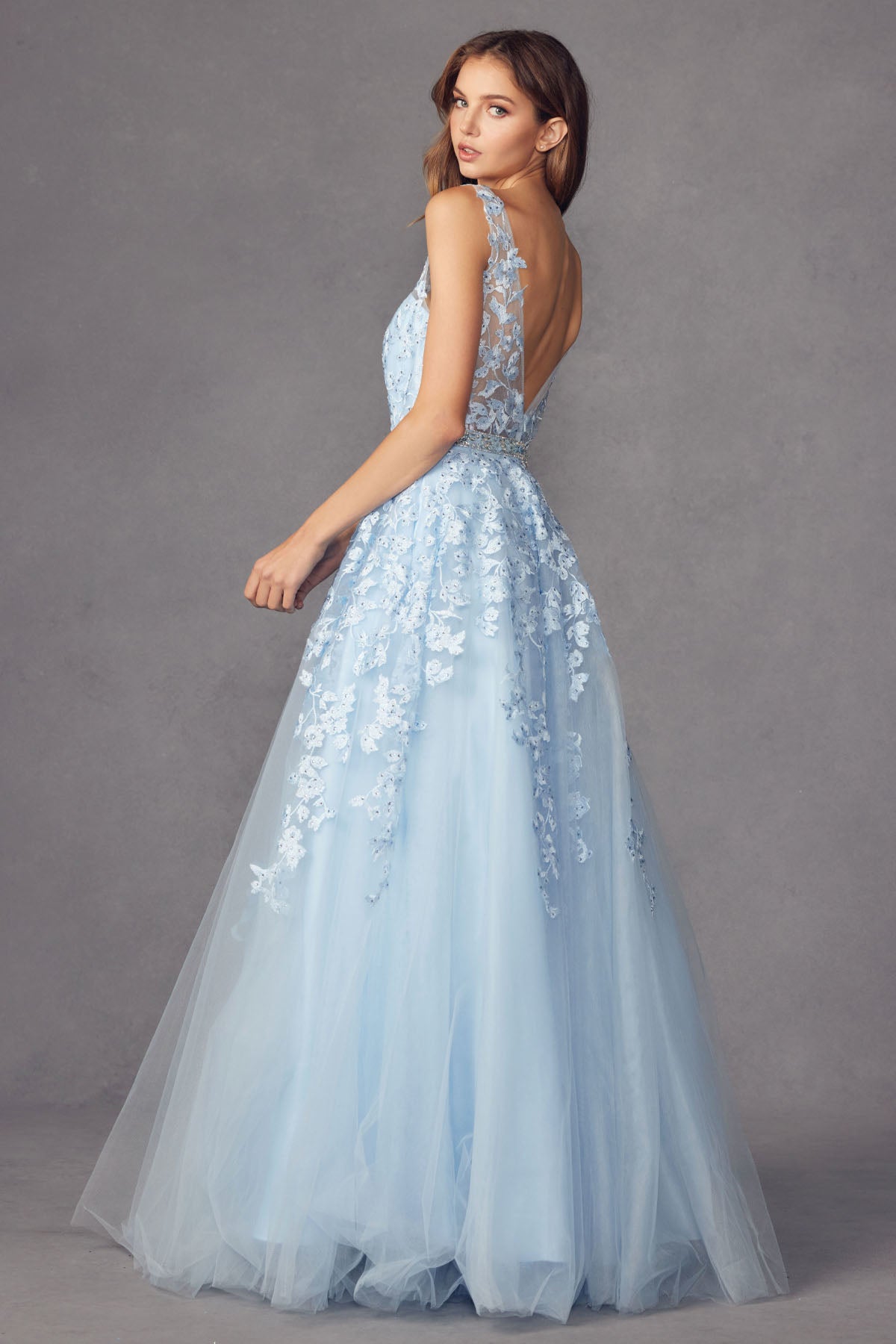 Embroidered Lace Embellished Jewel Waist Long Prom Dress JT224-Prom Dress-smcfashion.com