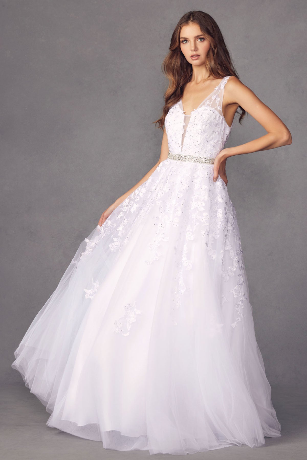 Embroidered Lace Embellished Jewel Waist Long Prom Dress JT224-Prom Dress-smcfashion.com