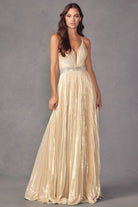 Pleated V-Neck Embellished Metallic Open Criss Cross Back Long Prom Dress JT226-Prom Dress-smcfashion.com