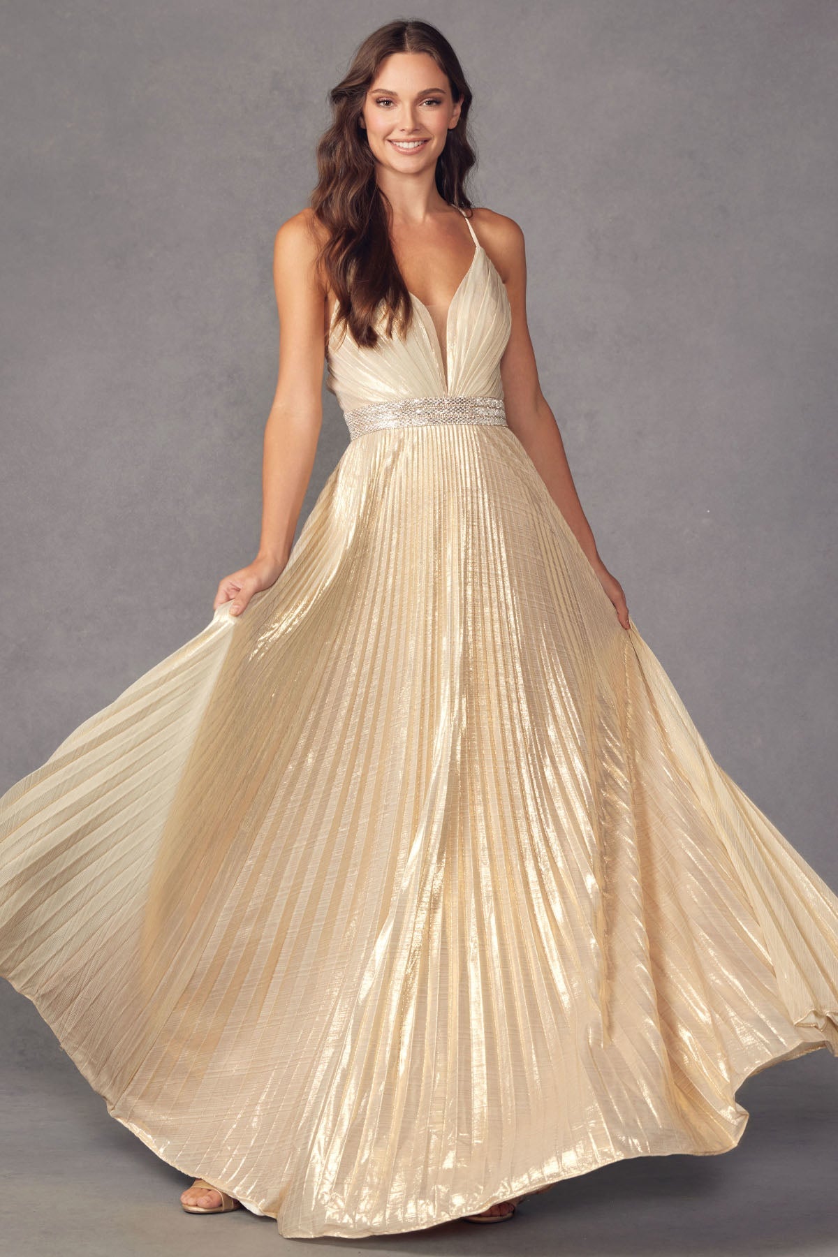 Pleated V-Neck Embellished Metallic Open Criss Cross Back Long Prom Dress JT226-Prom Dress-smcfashion.com