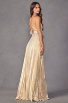 Pleated V-Neck Embellished Metallic Open Criss Cross Back Long Prom Dress JT226-Prom Dress-smcfashion.com