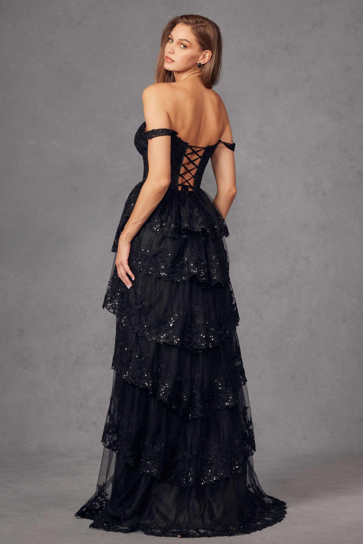 Tulle Lace Sequin Fitted Sheer Corset Bodice Ruffle Skirt