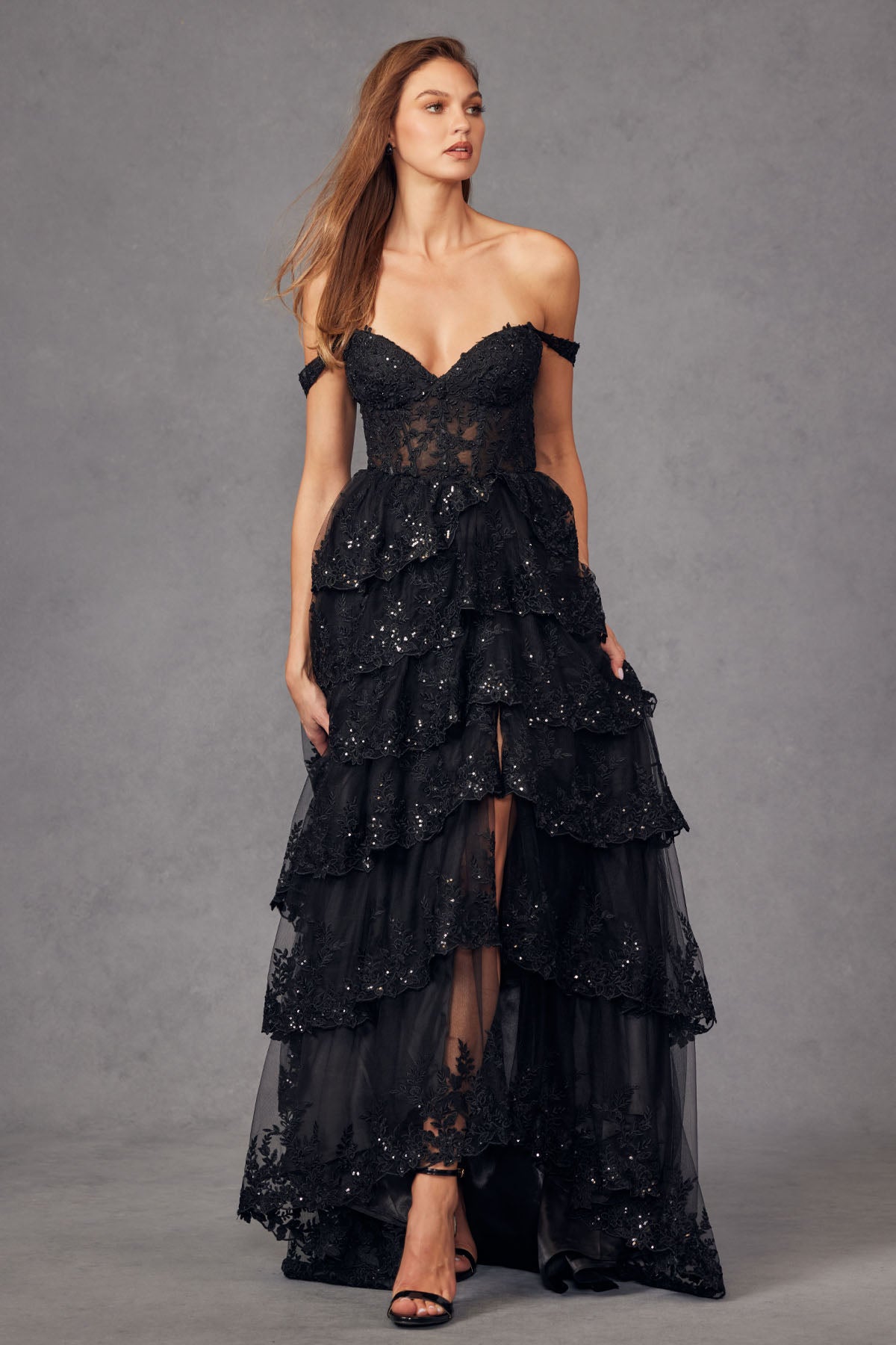 Tulle Lace Sequin Fitted Sheer Corset Bodice Ruffle Skirt