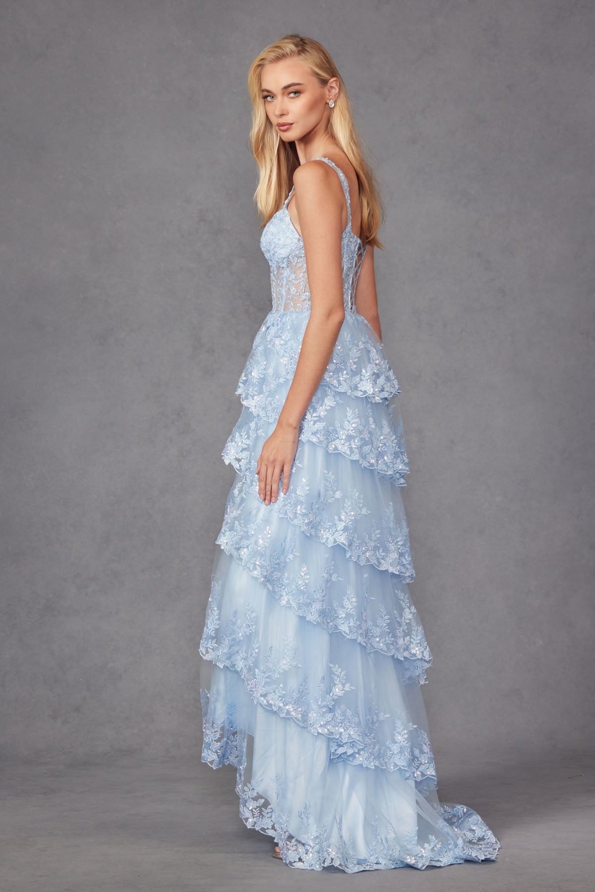 Tulle Lace Sequin Fitted Sheer Corset Bodice Ruffle Skirt