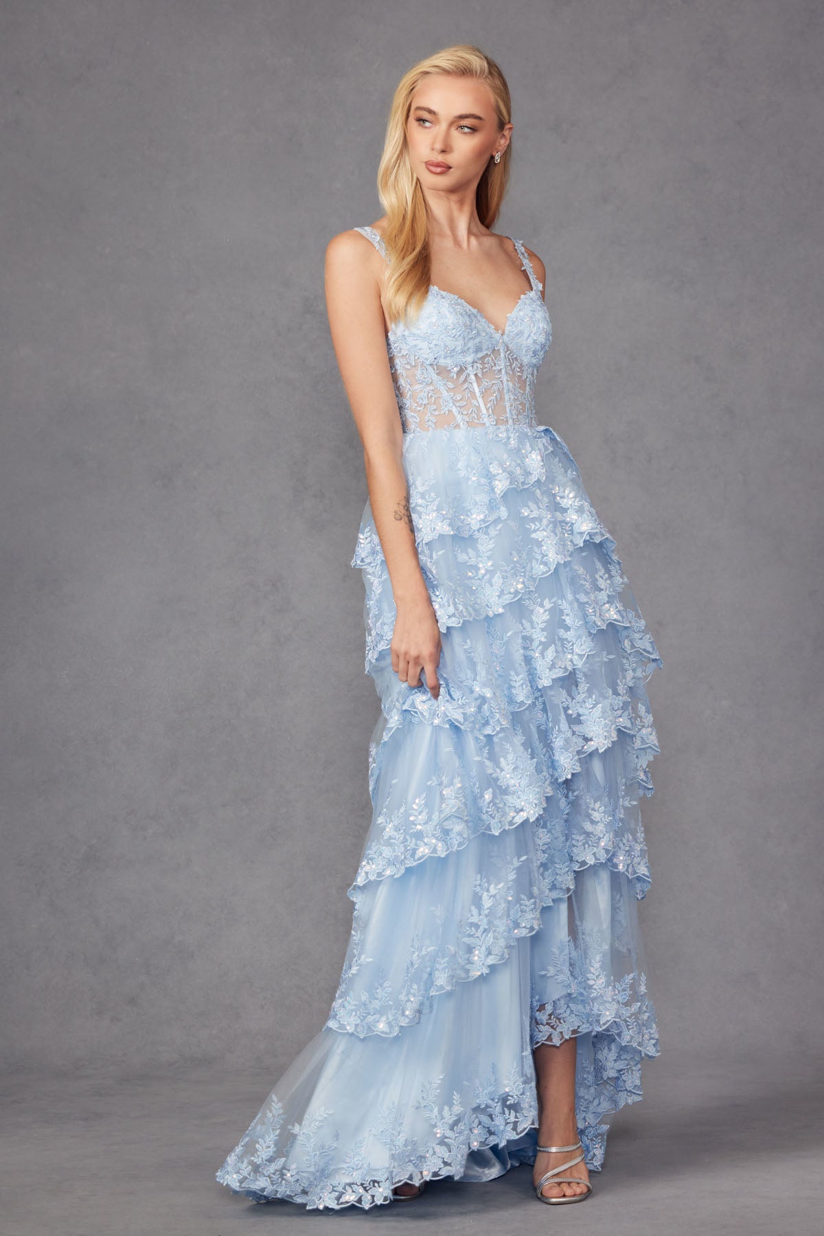 Tulle Lace Sequin Fitted Sheer Corset Bodice Ruffle Skirt