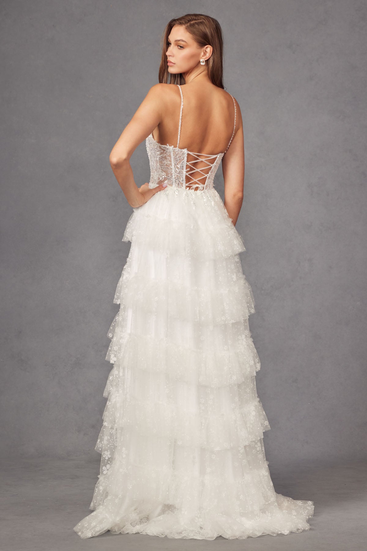 Lace Corset Beaded Sparkle Glitter Fabric Ruffle Skirt Slit Lace Corset Beaded Sparkle Glitter Fabric Ruffle Skirt Slit
