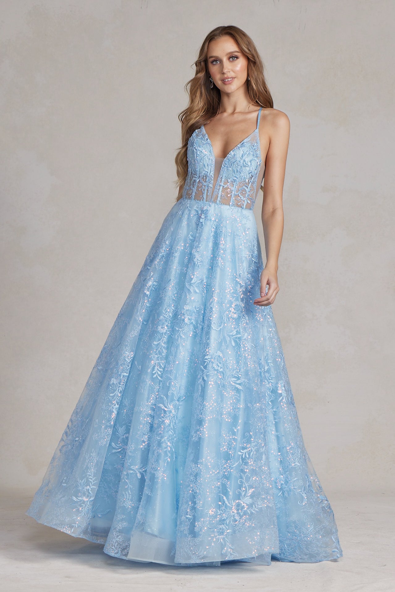 Sheer Lace Spaghetti Straps Crystal-Embellished Waistband Long Prom Dress NXC1118-Prom Dress-smcfashion.com