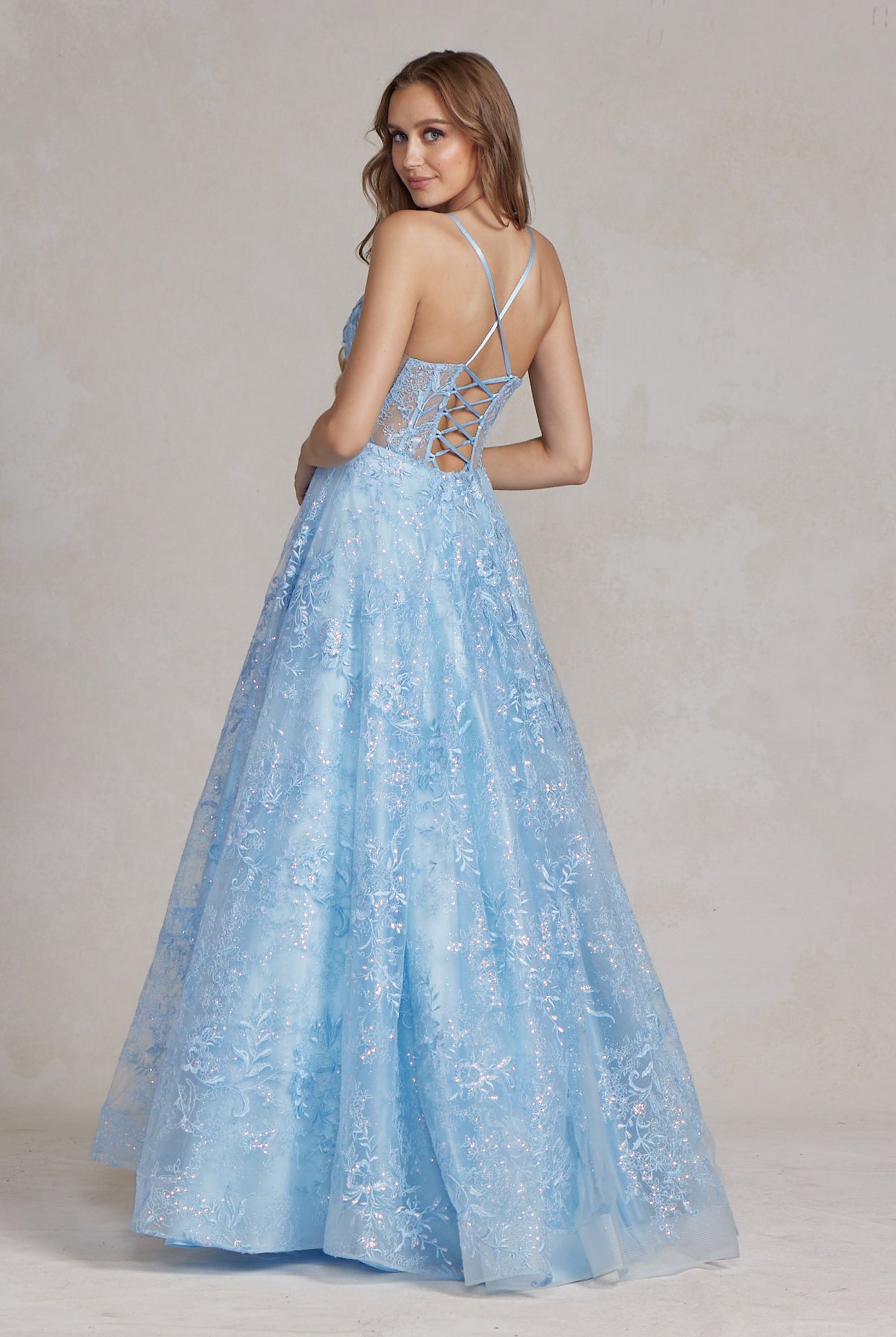 Sheer Lace Spaghetti Straps Crystal-Embellished Waistband Long Prom Dress NXC1118-Prom Dress-smcfashion.com