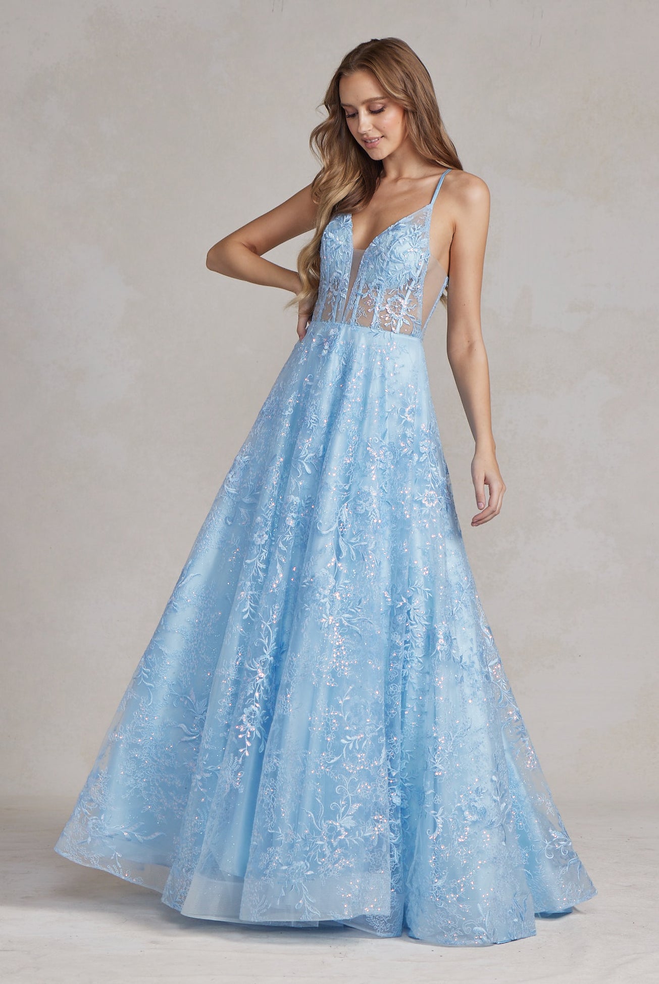 Sheer Lace Spaghetti Straps Crystal-Embellished Waistband Long Prom Dress NXC1118-Prom Dress-smcfashion.com