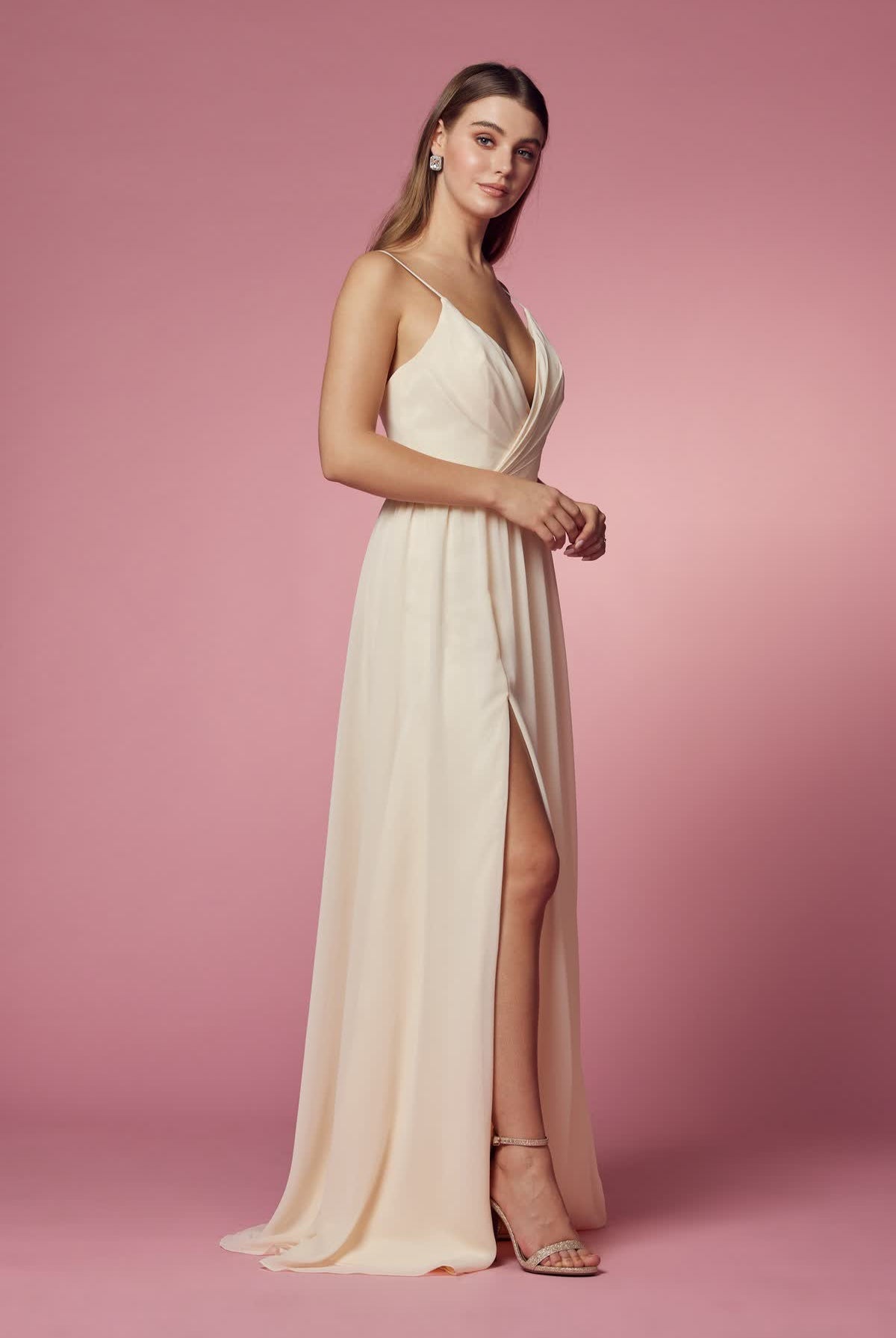 V-Neck Chiffon Slip Skirt Open Back Plus Size Long Bridesmaid Dress NXR275P-Bridesmaid Dress-smcfashion.com