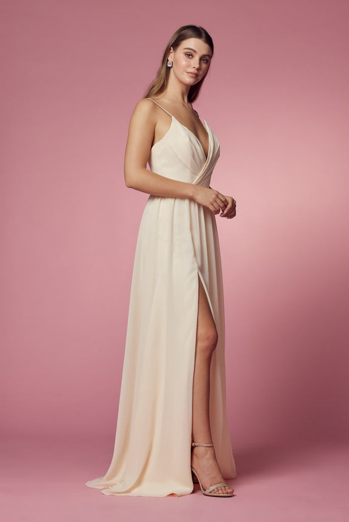 V-Neck Chiffon Slip Skirt Open Back Plus Size Long Bridesmaid Dress NXR275P
