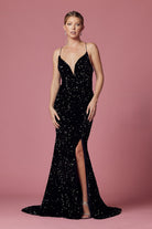 Plunging Neckline Fitted Bodice Velvet Sequince Trumpet Long Prom Dress NXR433-Prom Dress-smcfashion.com