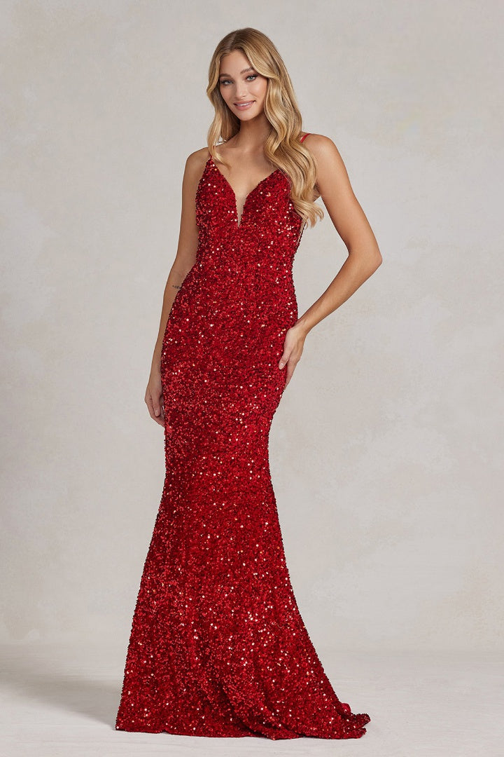 Mermaid Embroidered Sequins Sleeveless Open V-Back Long Evening Dress NXR1071-Evening Dress-smcfashion.com