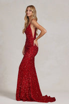 Mermaid Embroidered Sequins Sleeveless Open V-Back Long Evening Dress NXR1071-Evening Dress-smcfashion.com