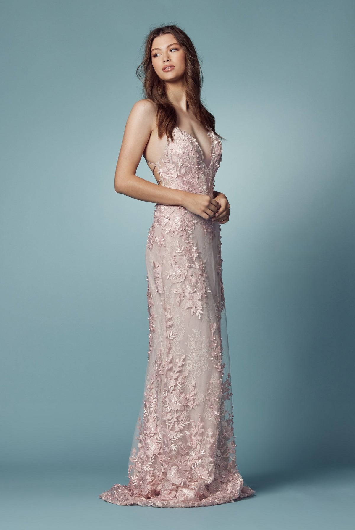 Embroidered Lace Illusion V-Neck Tulle Skirt Long Prom Dress NXF485-All Dresses-smcfashion.com