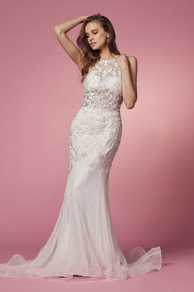 Embroidered Lace Mermaid High Neck Sheer Bodice Plus Size Long Wedding Dress NXW901P