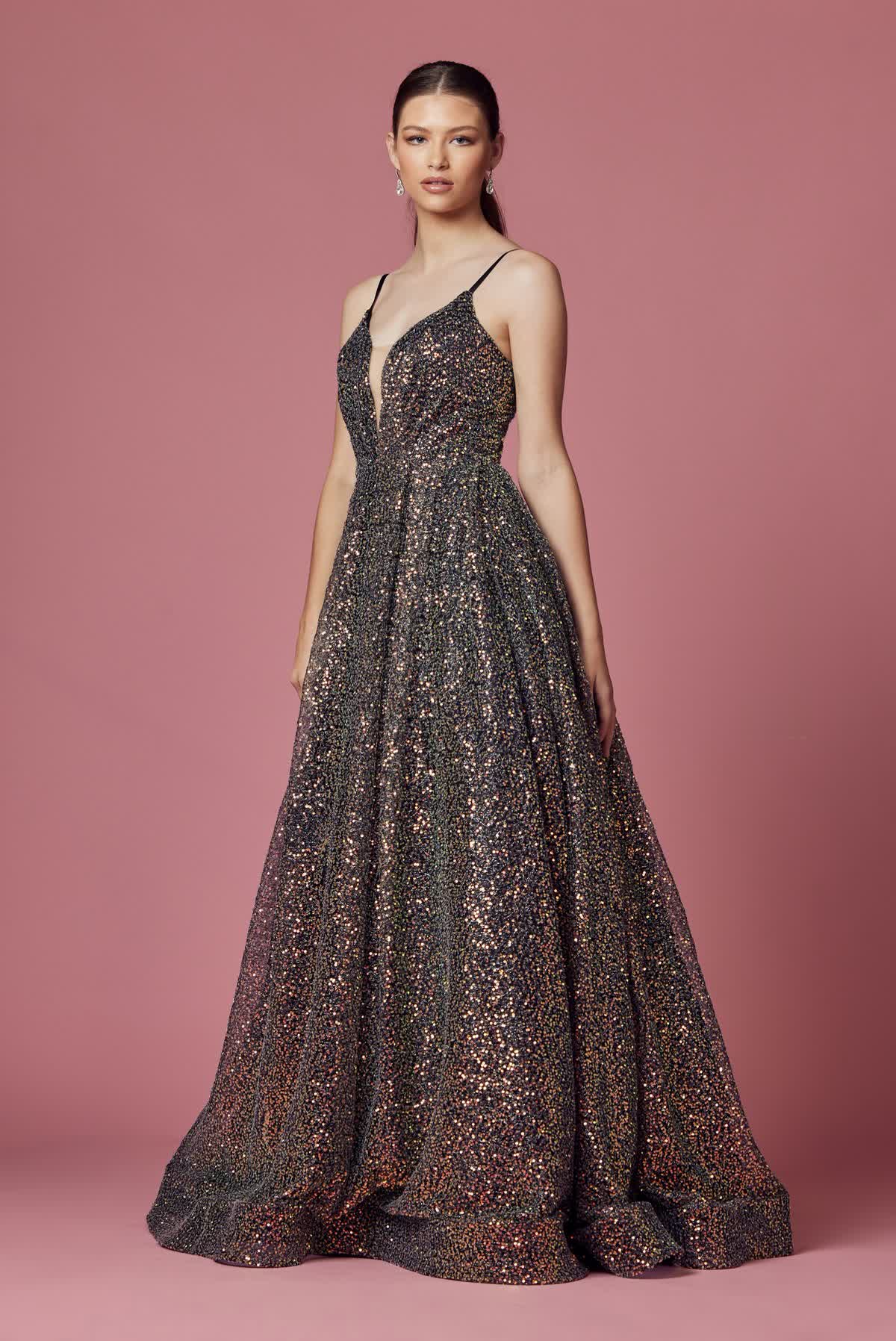 Embellished Sequin Illusion V-Neck A-Line Long Prom Dress NXR1030-Prom Dress-smcfashion.com