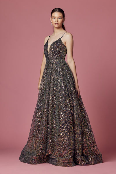Embellished Sequin Illusion V-Neck A-Line Long Prom Dress NXR1030