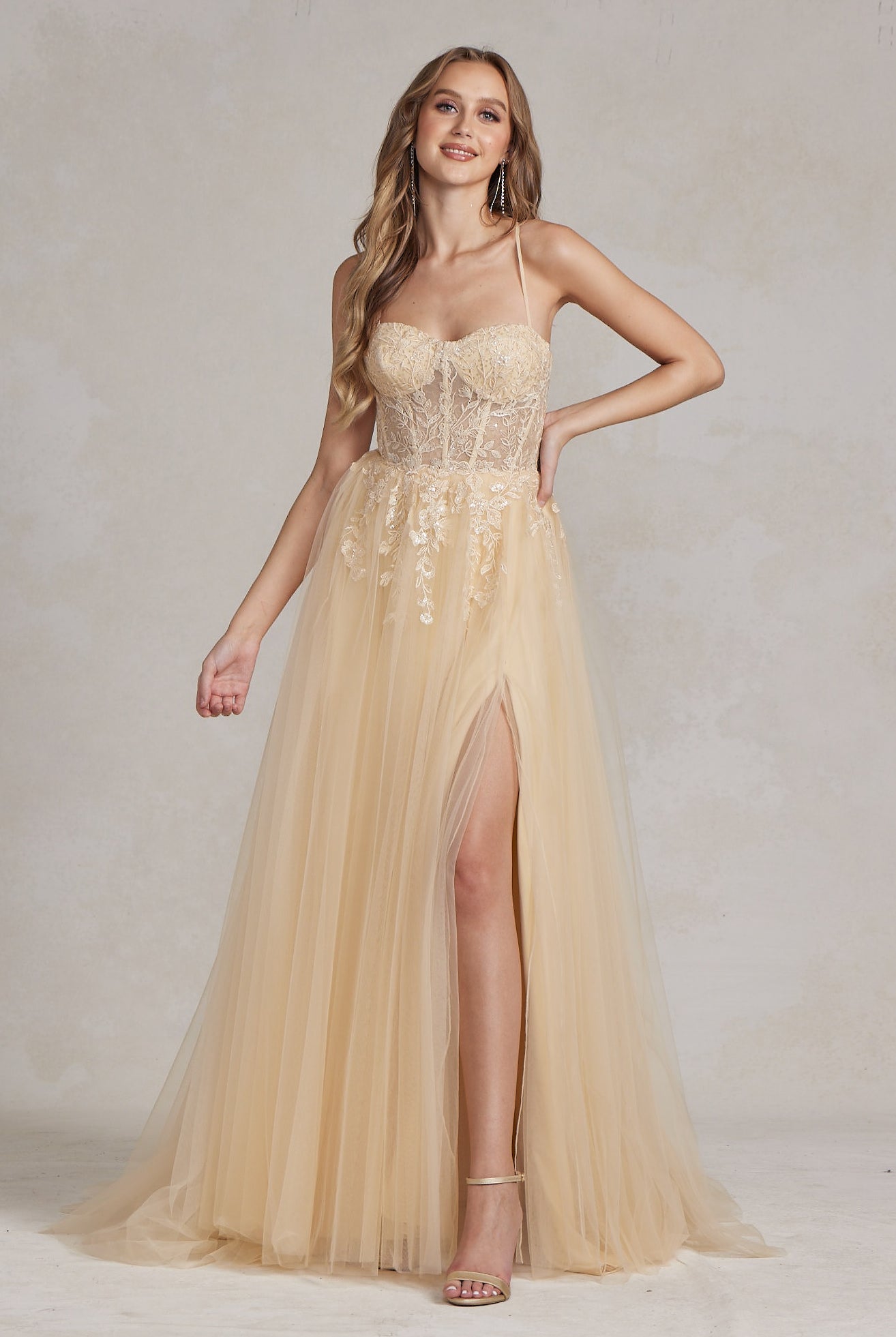 Embroidered Bodice Side Slit Tulle Skirt Long Prom Dress NXJ1089-Prom Dress-smcfashion.com