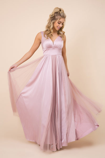 Sleeveless Pleated Open V-Back Long Bridesmaid Dress NXL340
