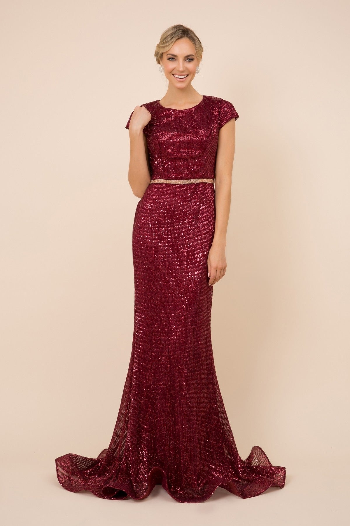 Short Sleeves Mermaid Embellished Sequin Close Back Long Evening Dress NXF338-Evening Dress-smcfashion.com