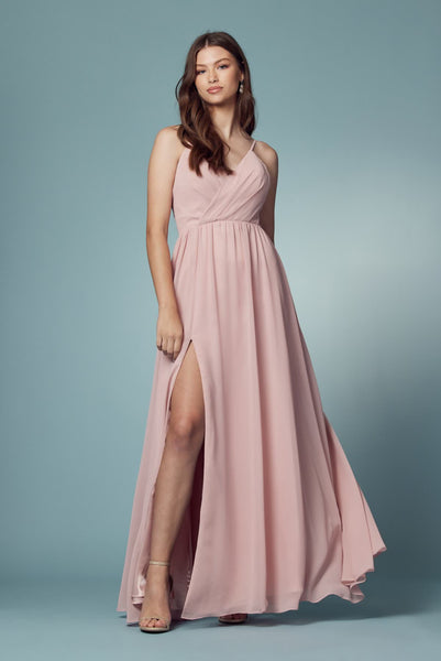 V-Neck Chiffon Slip Skirt Open Back Plus Size Long Bridesmaid Dress NXR275P