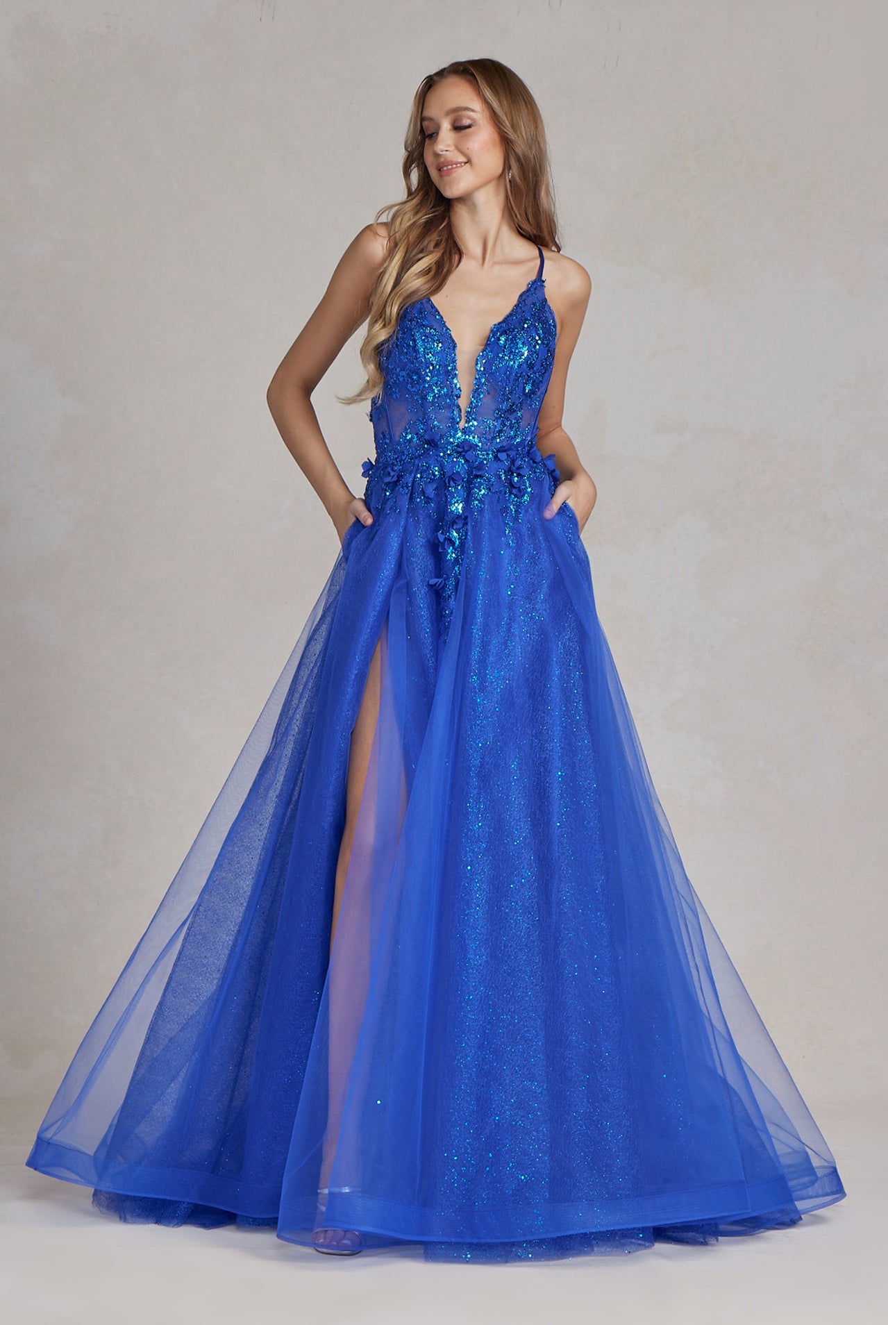 Tulle Skirt Embroidered Lace Open Criss Cross Back Long Prom Dress NXC1113-Prom Dress-smcfashion.com