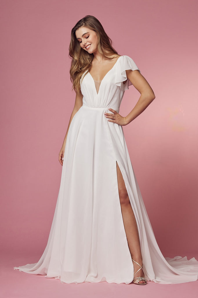 Cross V-Neck Cut Out Short Sleeves A-Line Plus Size Long Wedding Dress NXR471P