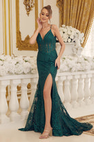 Side Slit Embroidered Lace Bodice Open V-Back Long Prom Dress NXC1100-Prom Dress-smcfashion.com