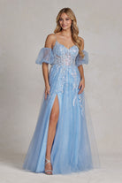 Short Sleeves Embroidered Glitter Side Slit Long Prom Dress NXE1173-Prom Dress-smcfashion.com