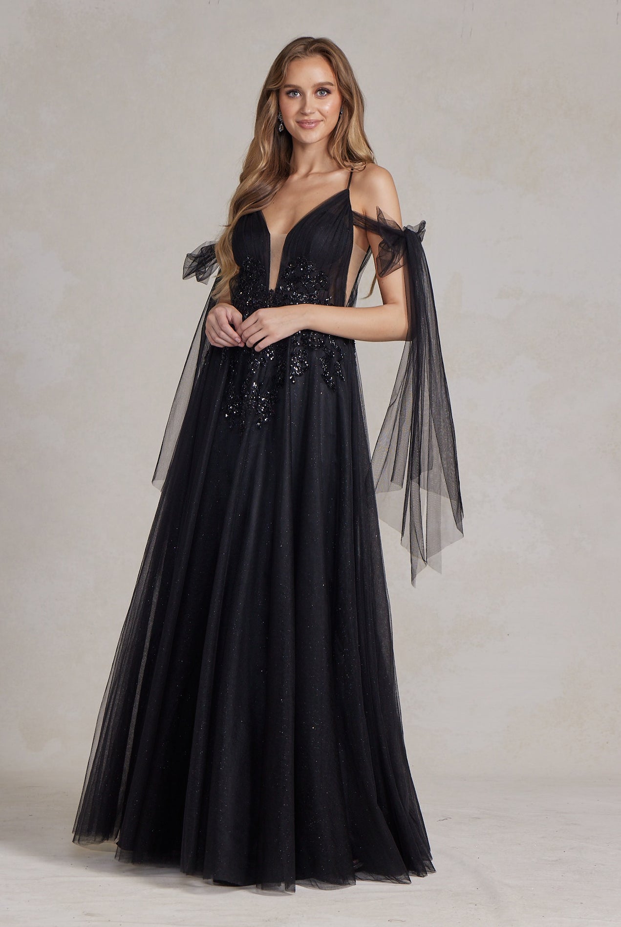 Tulle Skirt Deep Illusion V-Neck Embroidered Lace Long Prom Dress NXE1075-Prom Dress-smcfashion.com