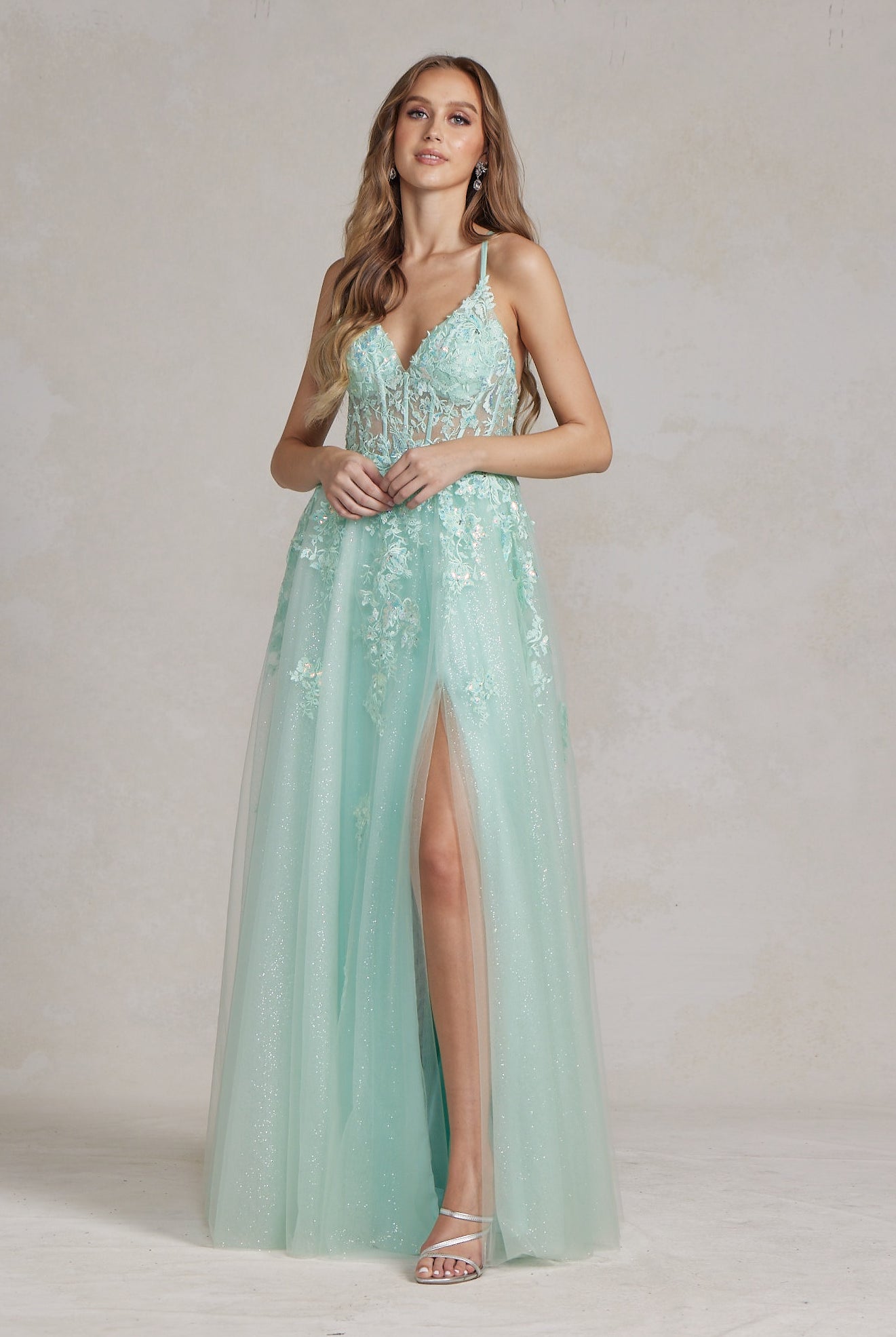 Embellished Applique V-Neck Side Slit Tulle Skirt Long Prom Dress NXT1081-All Dresses, Prom-smcfashion.com
