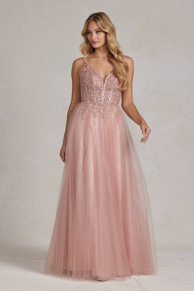 Embroidered Beads Tulle Skirt Open Back Long Prom Dress NXF1086