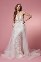Embroidered Lace Illusion V-Neck Mermaid Long Wedding Dress NXF485W-Wedding Dress-smcfashion.com