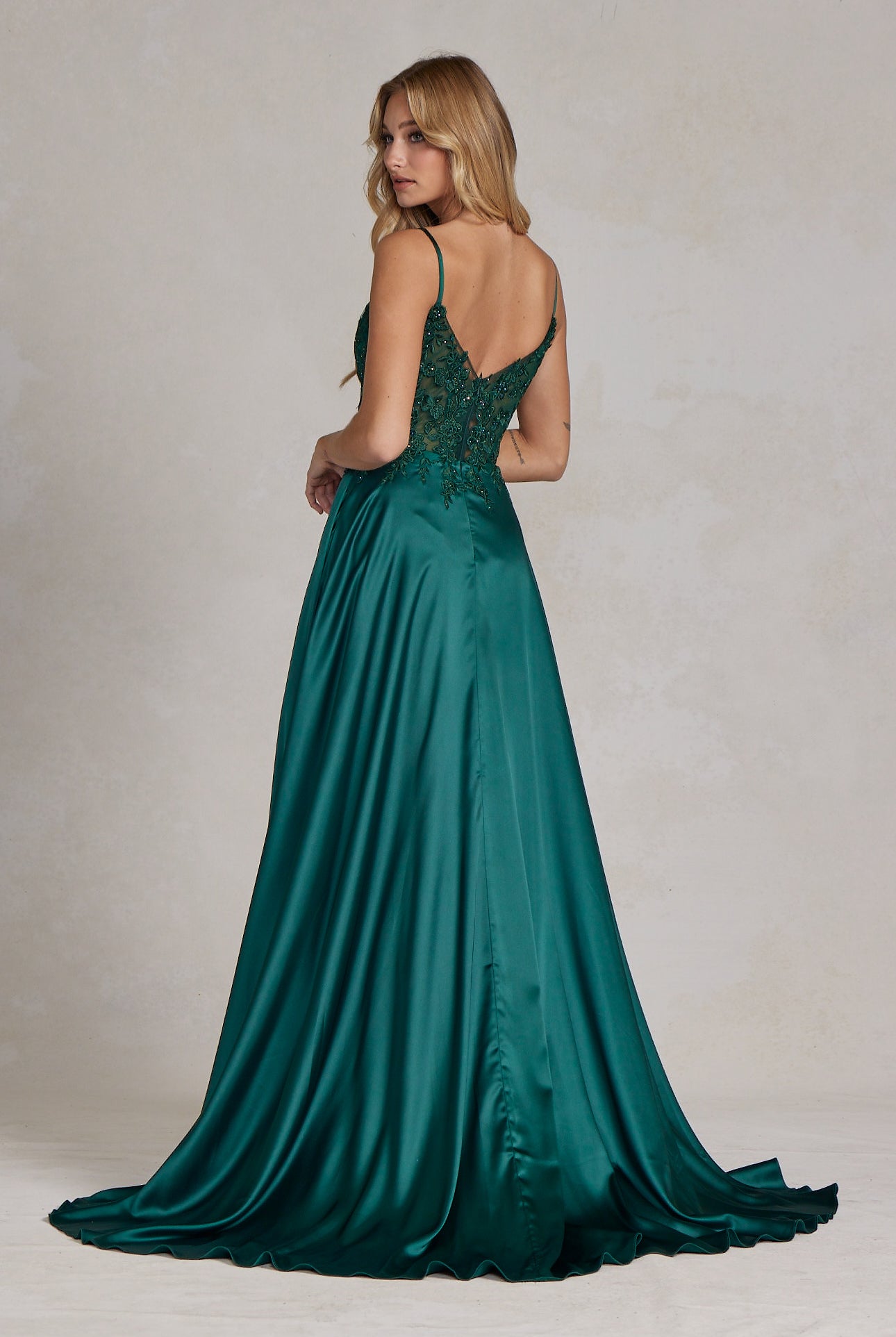 Embroidered Lace Bodice Open V-Back Satin Skirt Long Prom Dress NXK1121-Prom Dress-smcfashion.com