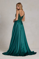 Embroidered Lace Bodice Open V-Back Satin Skirt Long Prom Dress NXK1121-Prom Dress-smcfashion.com