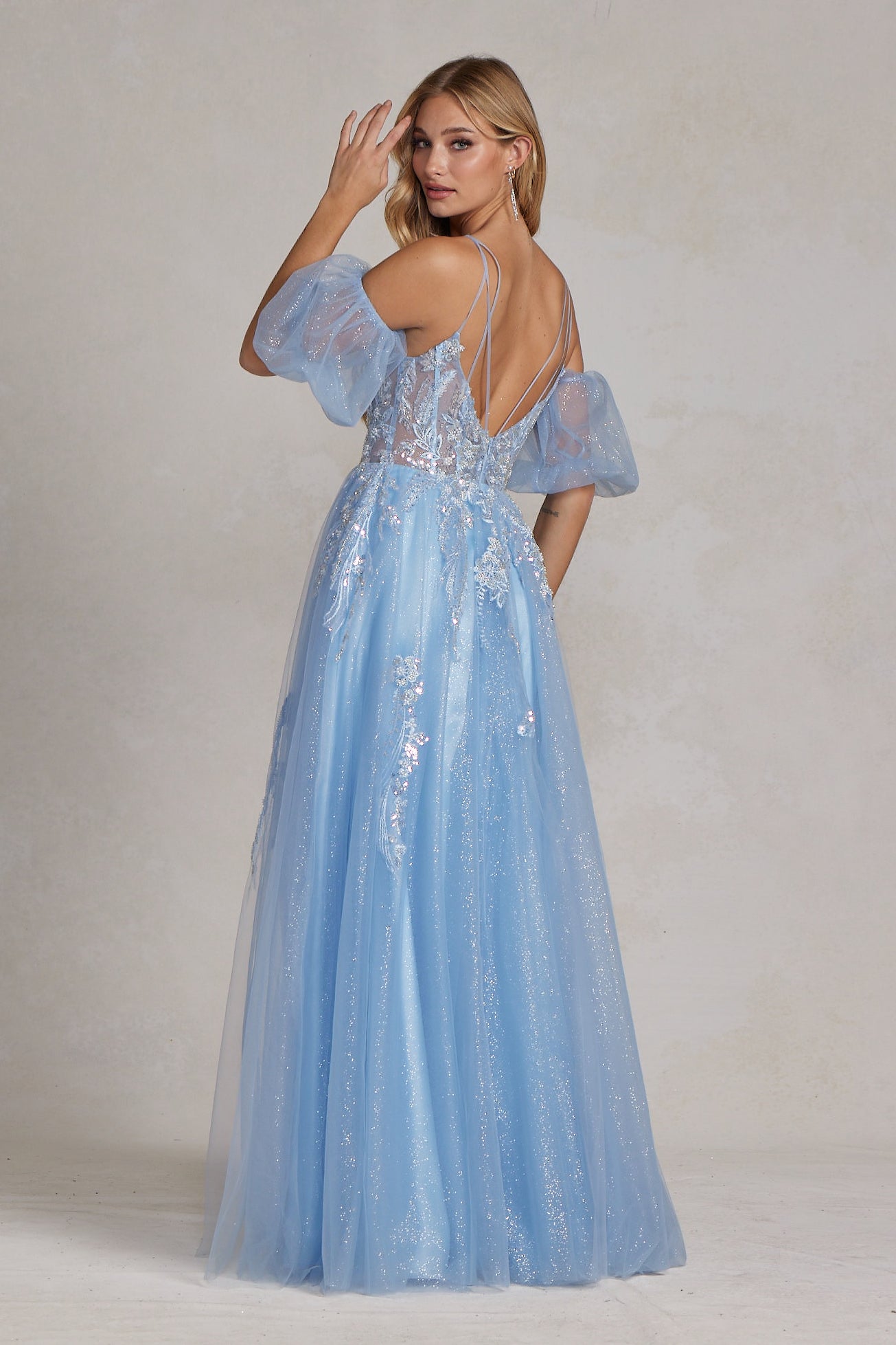 Short Sleeves Embroidered Glitter Side Slit Long Prom Dress NXE1173-Prom Dress-smcfashion.com