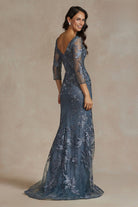 Sheer 3/4 Sleeves Embroidered Lace V-Neck Long Mother of the Bride Dress NXJQ503-Mother of the Bride Dress-smcfashion.com