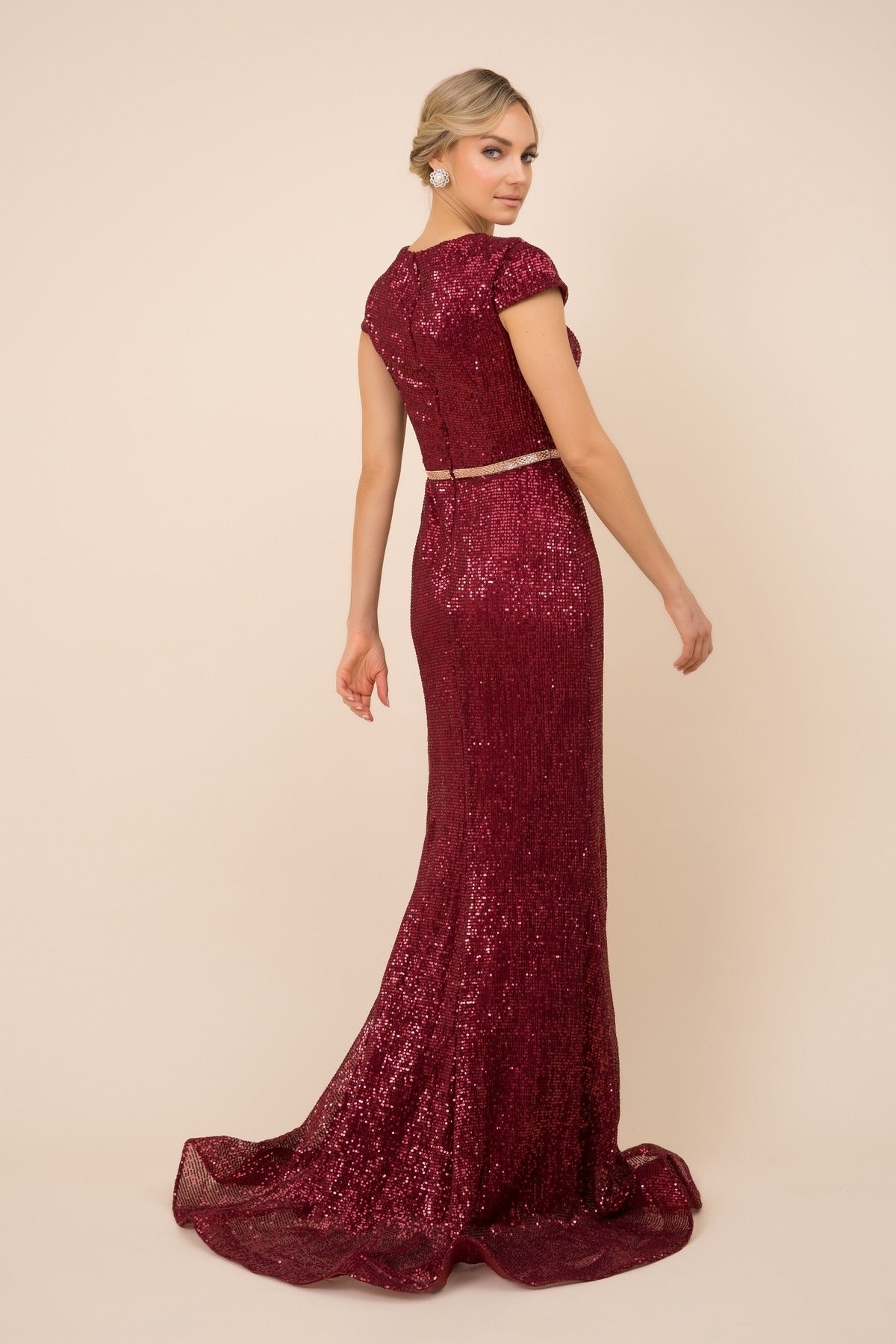 Short Sleeves Mermaid Embellished Sequin Close Back Long Evening Dress NXF338-Evening Dress-smcfashion.com