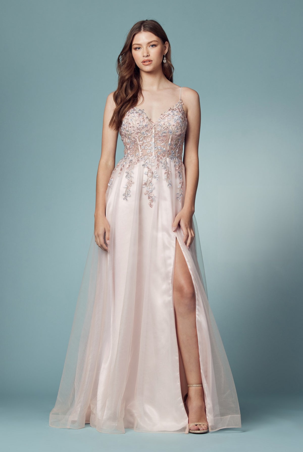 Embroidered Bodice Open Back High Slit Long Prom Dress NXS1015-Prom Dress-smcfashion.com