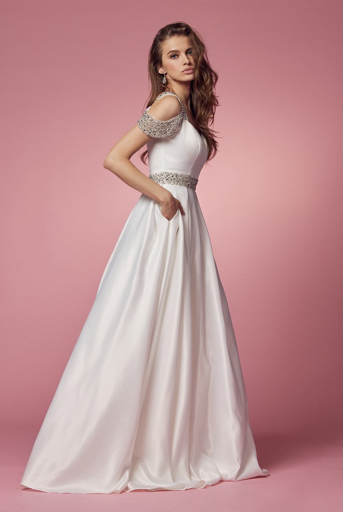 Off Shoulder Embellished Jewel With Pockets Long Wedding Dress NXR224W-Wedding Dress-smcfashion.com